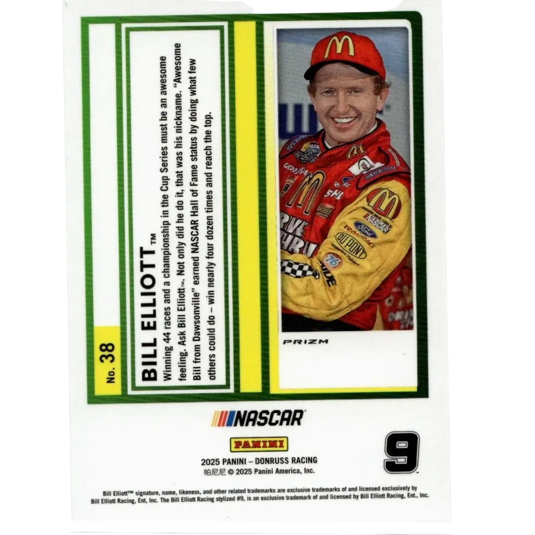 Red and yellow nascar racing jersey with McDonald’s branding worn by Bill Elliott in 2025 Donruss #38 Elliott Optic toys and games