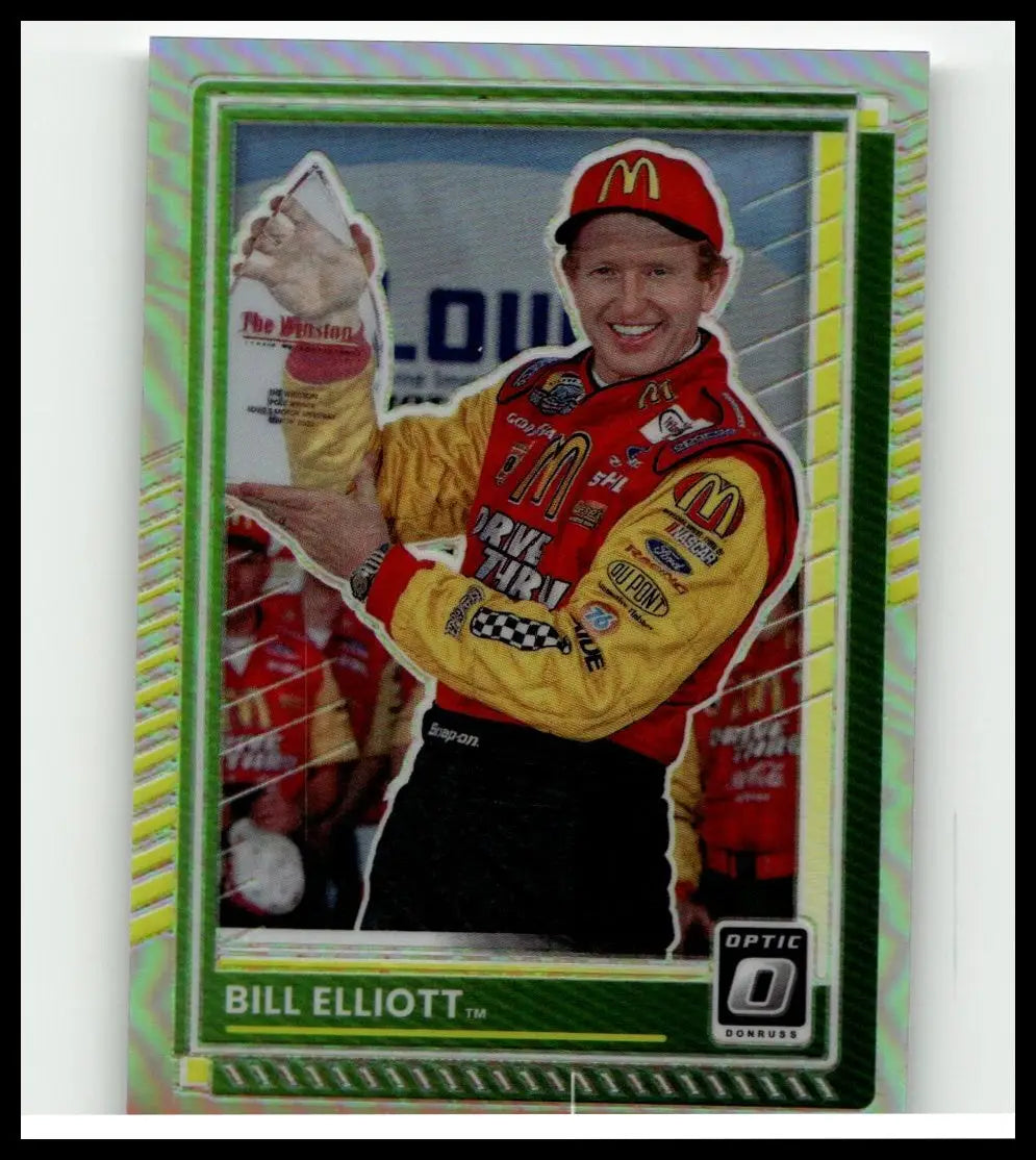 A vibrant green and yellow framed 2025 donruss elliott optic trading card featuring bill elliott in mcdonalds racing suit for action and toy figures collection