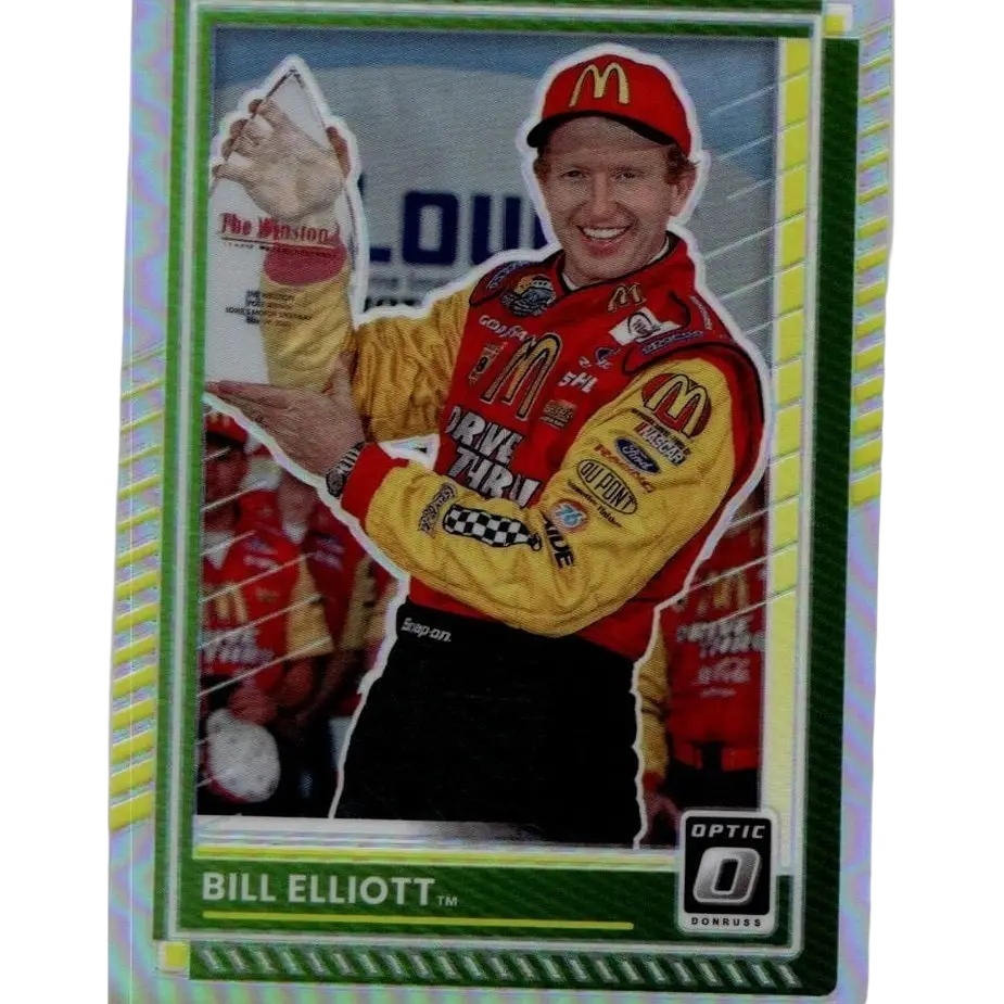 A vibrant green and yellow bordered 2025 donruss elliott optic trading card featuring nascar driver bill elliott in mcdonalds racing suit for toys and games