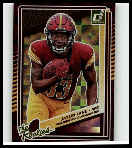 Red and gold 2025 donruss jaylin lane football trading card featuring the washington commanders for toys and games