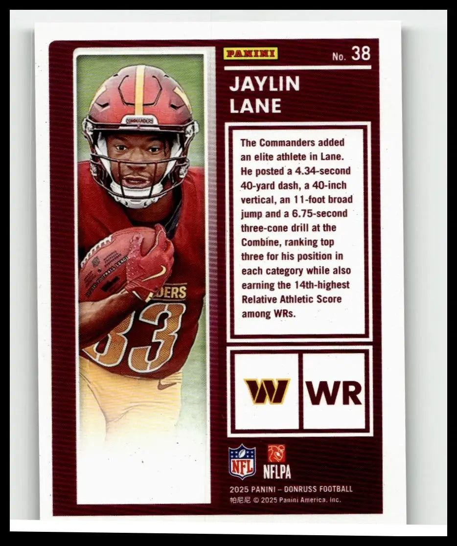 Red and gold 2025 donruss jaylin lane football trading card in washington commanders uniform for toys and games collections
