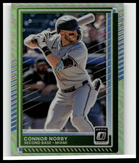 2025 Donruss #39 connor norby optic holo baseball card featuring Norby in gray Miami Marlins uniform with black gloves and helmet