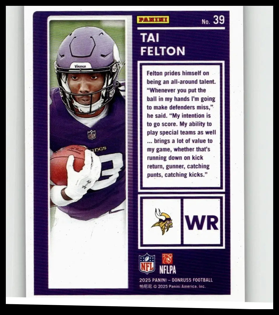 Purple helmet with white faceguard worn by football player tai felton in 2025 donruss action toy figure