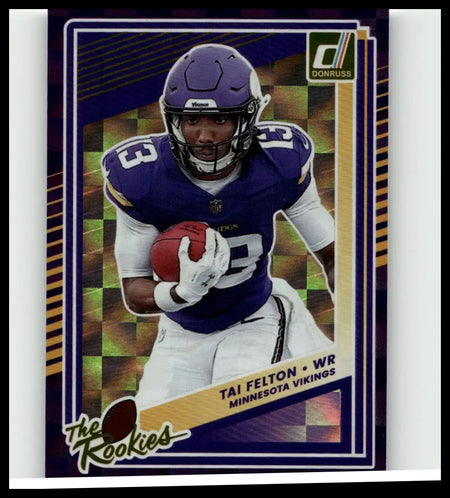 Purple and white minnesota vikings football card featuring rookie tai felton in uniform from 2025 donruss toys & games