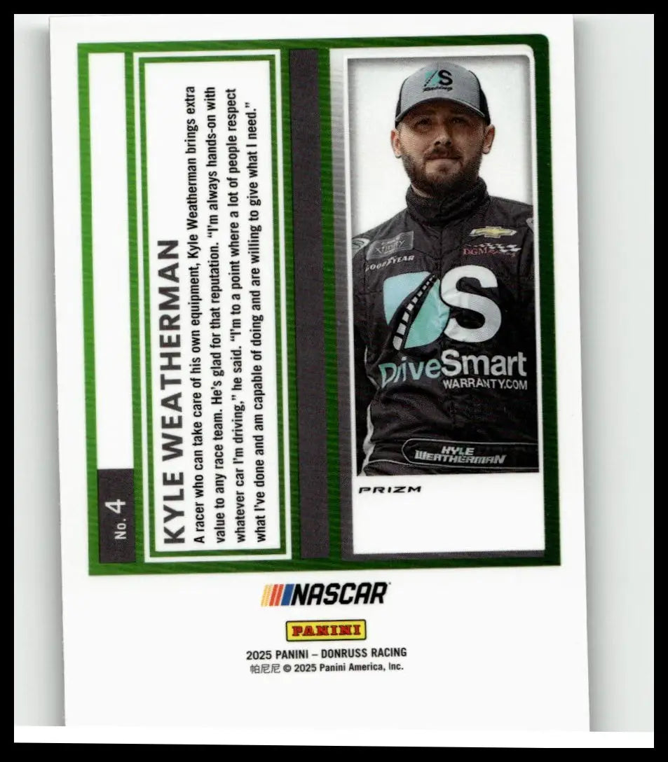 Black and teal 2025 donruss nascar trading card featuring kyle weatherman optic holo in racing suit with sponsor logos