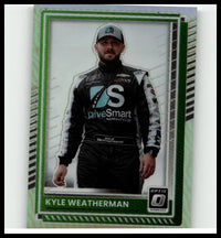 Green and silver framed 2025 donruss kyle weatherman optic holo trading card featuring weatherman in teal drivesmart suit