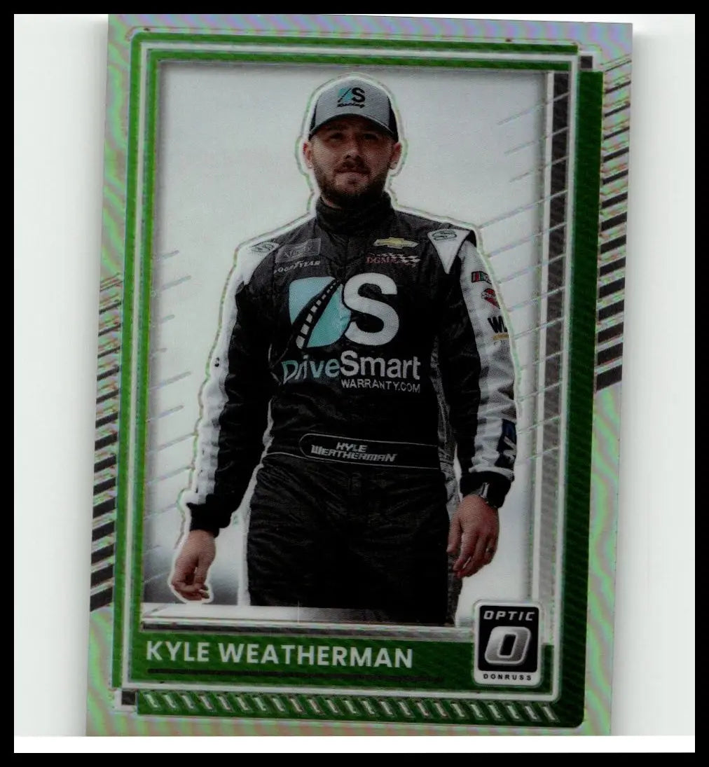 Green and silver framed 2025 donruss kyle weatherman optic holo trading card featuring weatherman in teal drivesmart suit