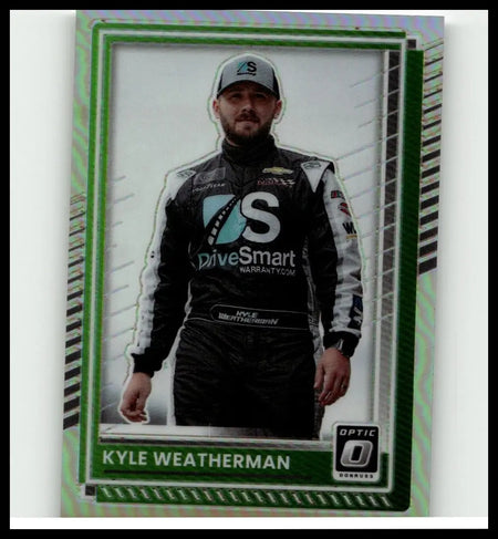 Green and silver framed 2025 donruss kyle weatherman optic holo trading card featuring weatherman in teal drivesmart suit