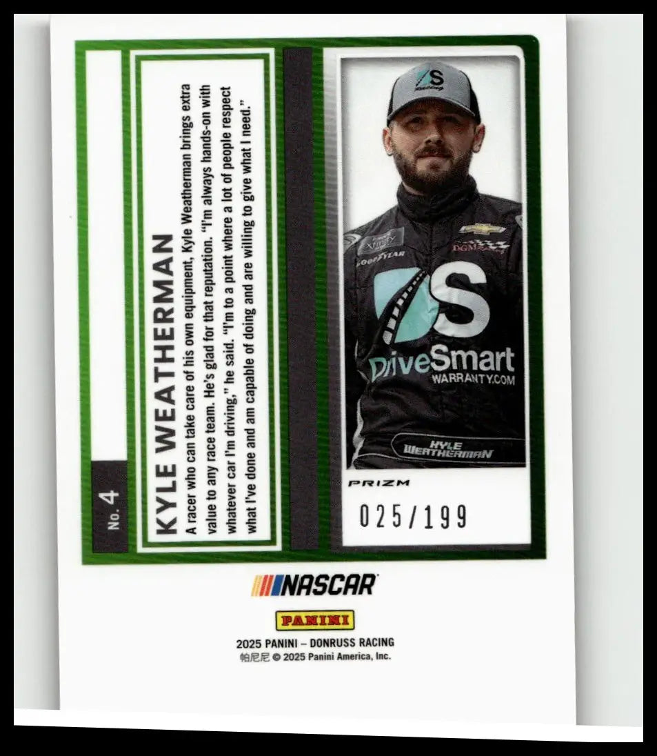 2025 donruss kyle weatherman optic red velocity nascar trading card featuring black racing suit with teal and white logos