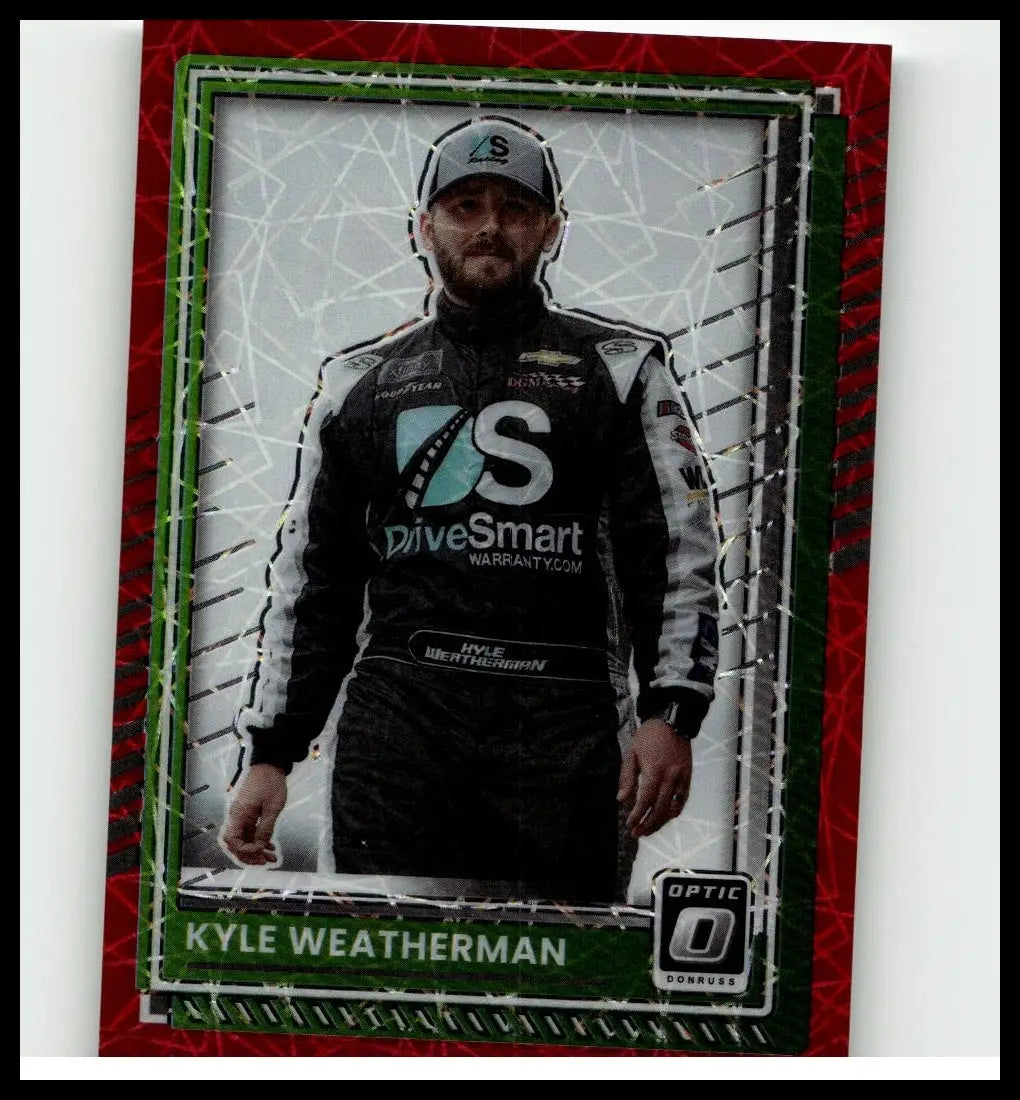 2025 donruss #4 kyle weatherman optic red velocity nascar trading card with red and green border featuring weatherman suit