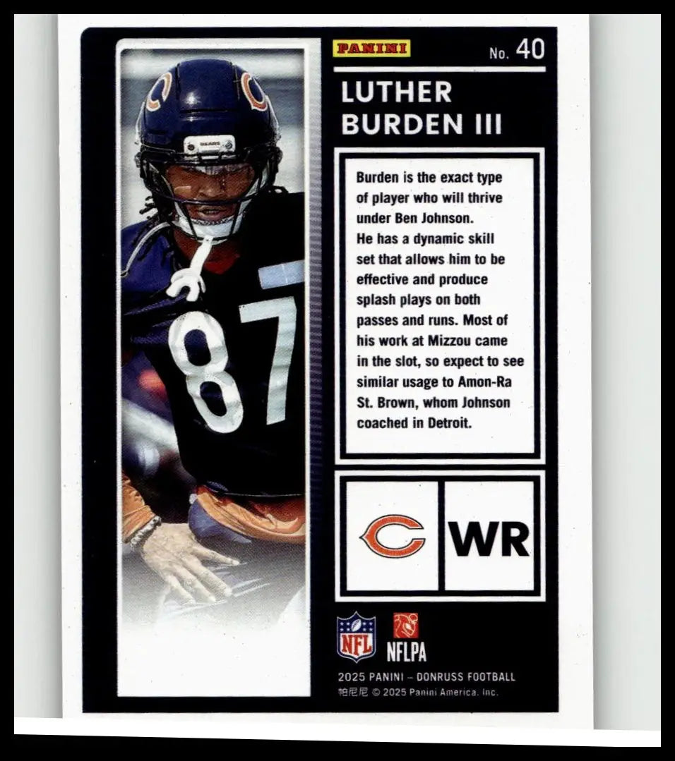 Black and white 2025 Donruss #40 football trading card featuring luther burden iii in chicago bears uniform number 87