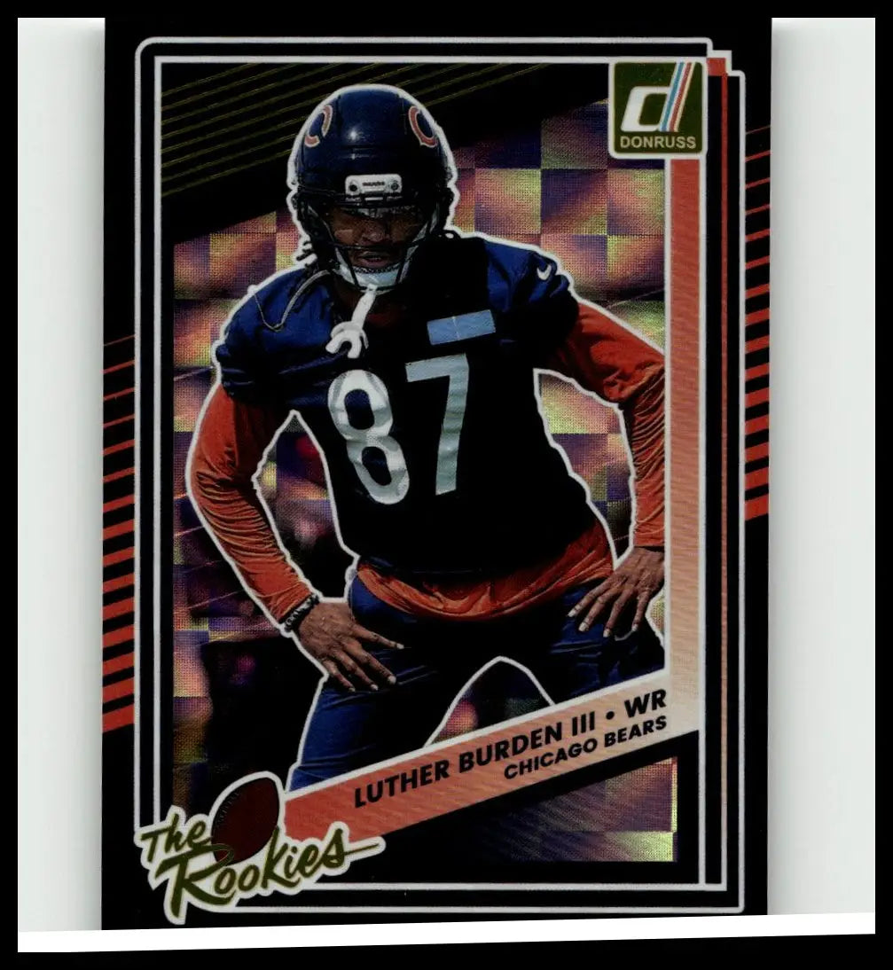 Blue and orange chicago bears football card featuring luther burden iii in number 87 uniform from 2025 donruss rookies