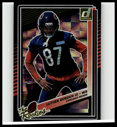 Blue and orange chicago bears football card featuring luther burden iii in number 87 uniform from 2025 donruss rookies