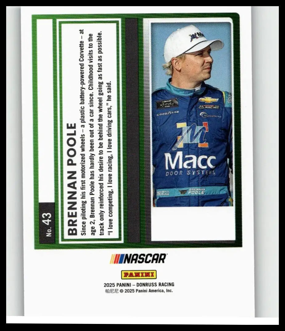 Blue racing suit worn by brennan poole featuring macc door systems logo and sponsor patches in 2025 donruss #43 poole blue