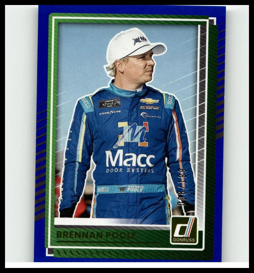 Blue and teal racing suit with white cap featuring macc door systems logo from 2025 donruss brennan poole blue