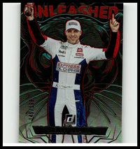 A glossy holographic 2025 donruss trading card of denny hamlin unleashed holo in a white blue and red racing suit