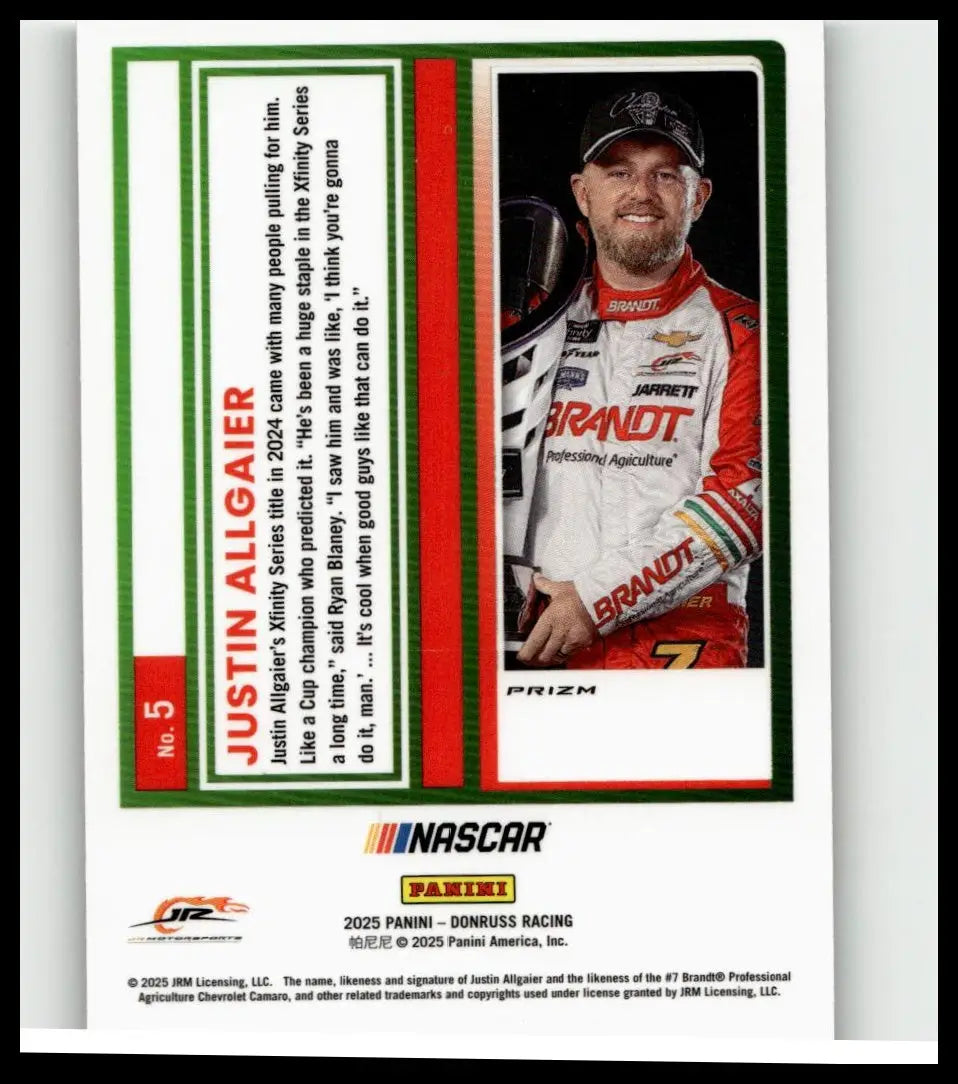 Red and white nascar racing suit with brandt branding worn by justin allgaier featured in 2025 donruss #5 allgaier optic holo