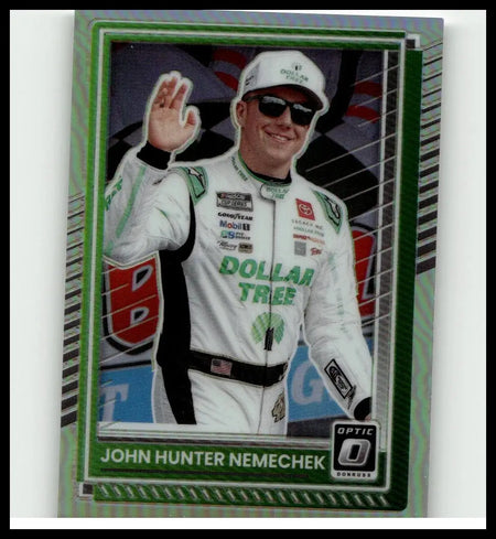 Green and white 2025 donruss optic holo trading card featuring john hunter nemechek in dollar tree suit