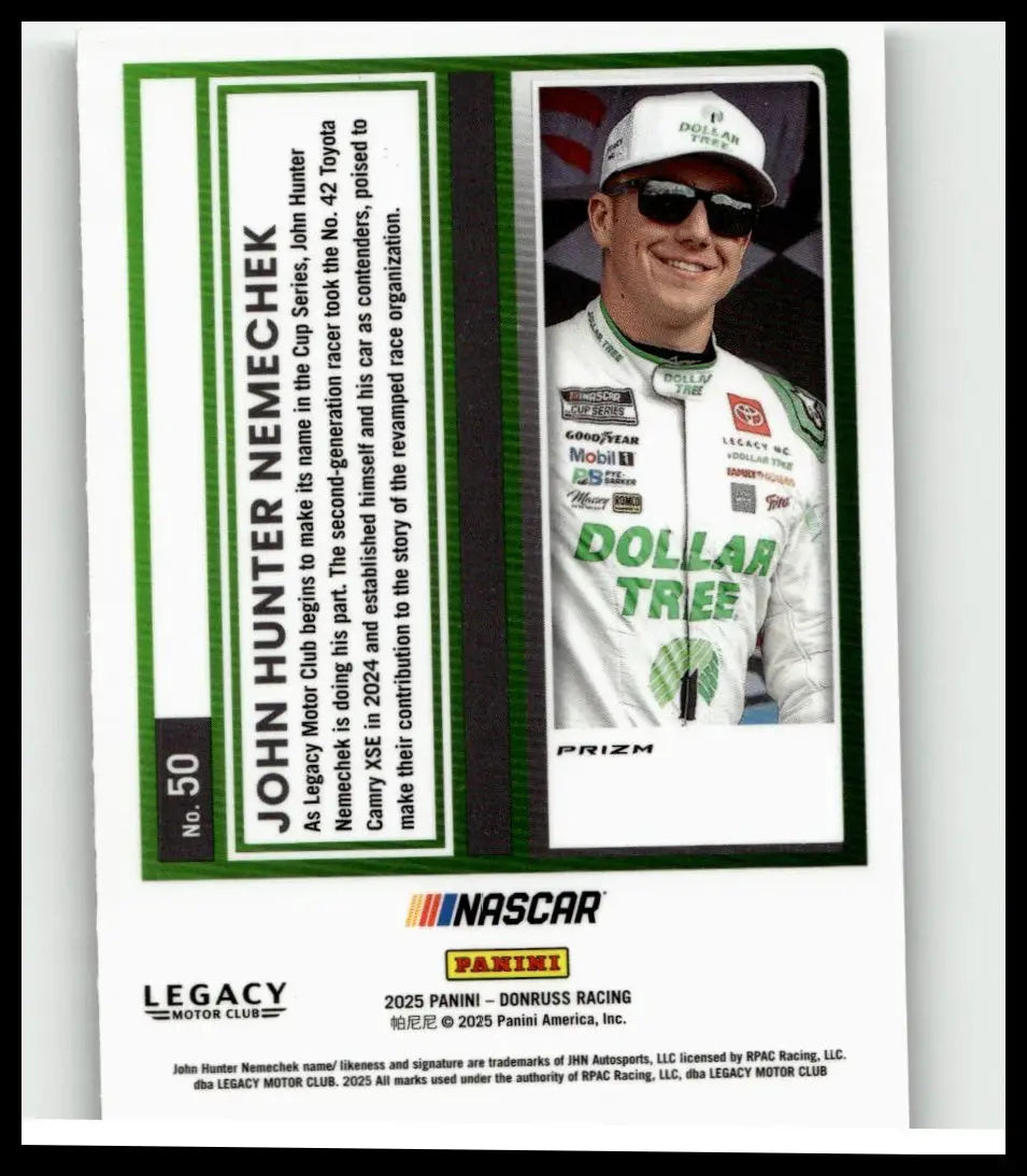 White and green nascar trading card 2025 donruss #50 featuring john hunter nemechek in racing suit with sponsor logos