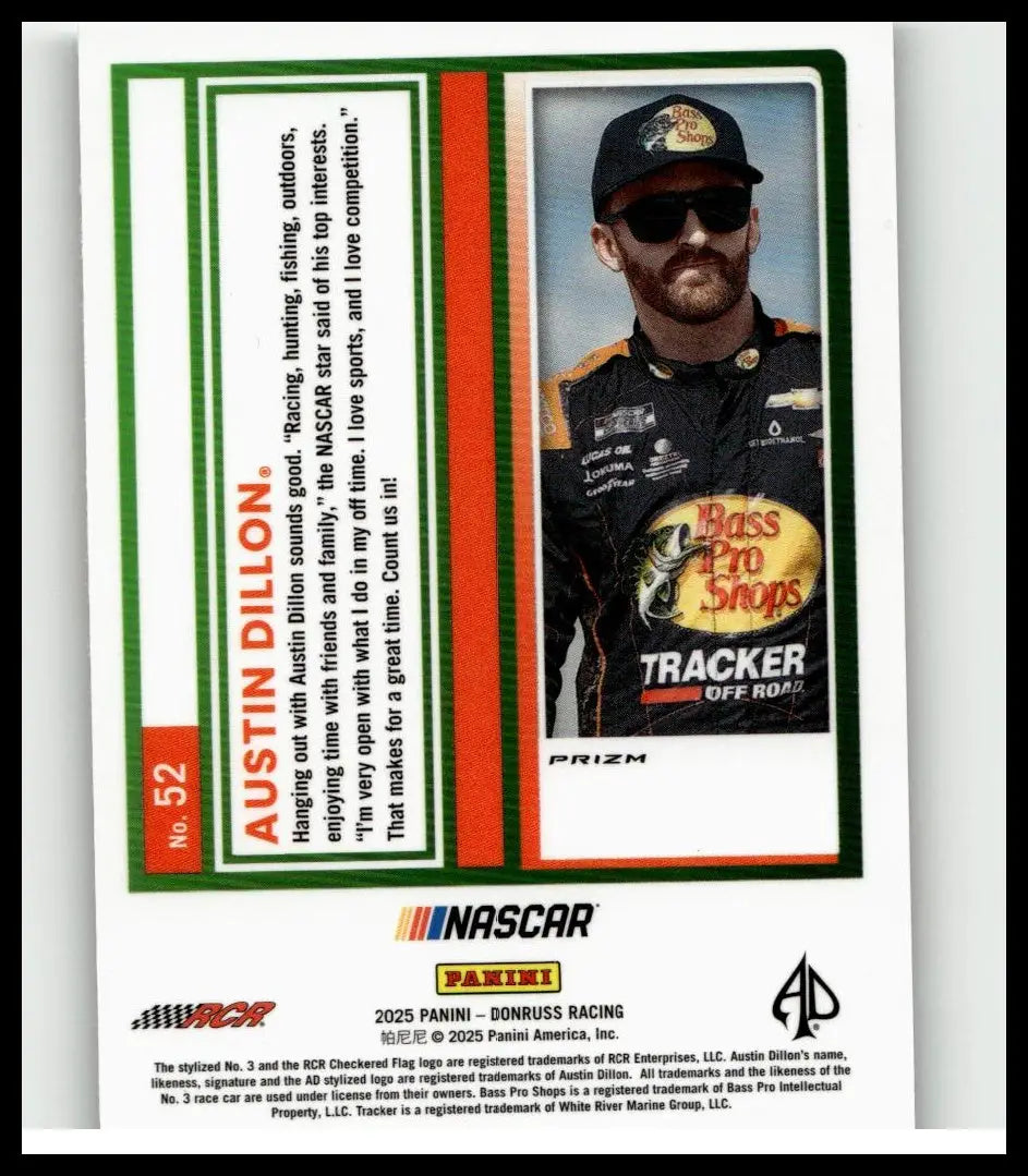 2025 donruss #52 austin dillon optic holo trading card with portrait of dillon in black orange racing suit and sunglasses