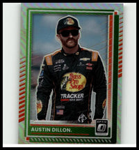 2025 donruss #52 austin dillon optic holo trading card featuring dillon in black suit with green and red iridescent border