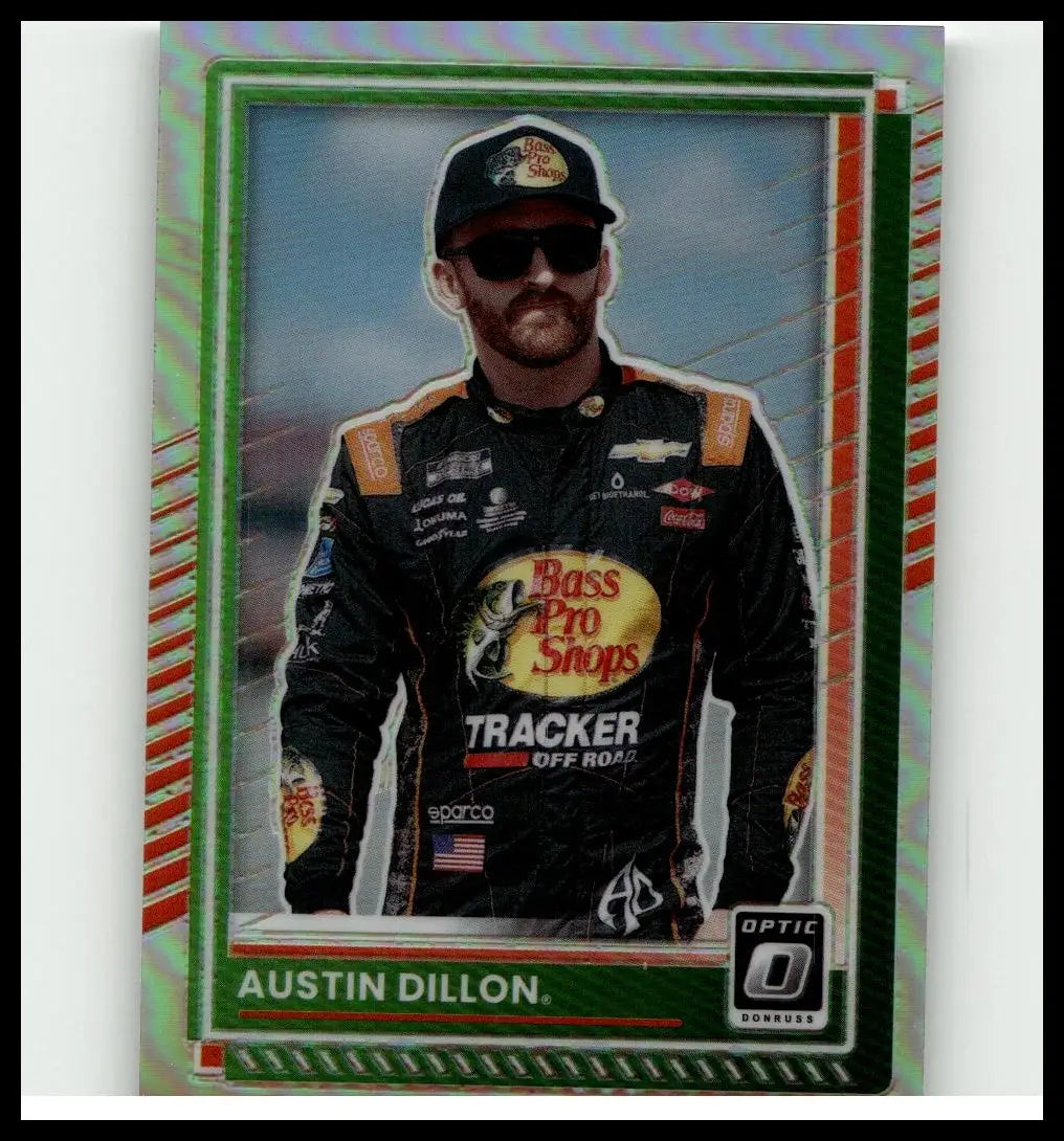 2025 donruss #52 austin dillon optic holo trading card featuring dillon in black suit with green and red iridescent border
