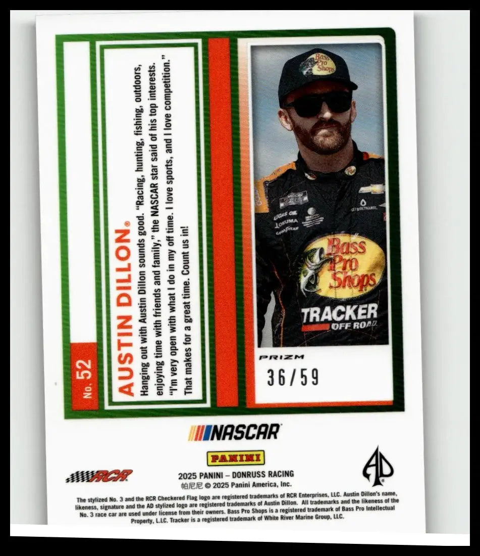Austin dillon optic purple trading card featuring driver portrait in black racing suit with orange and yellow logos