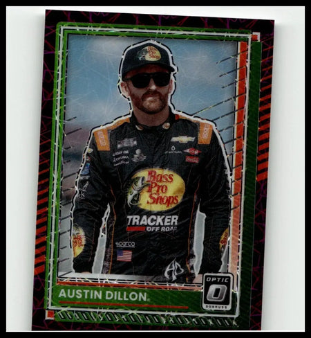A black and orange 2025 donruss #52 austin dillon optic purple velocity trading card with bass pro shops branding and green border