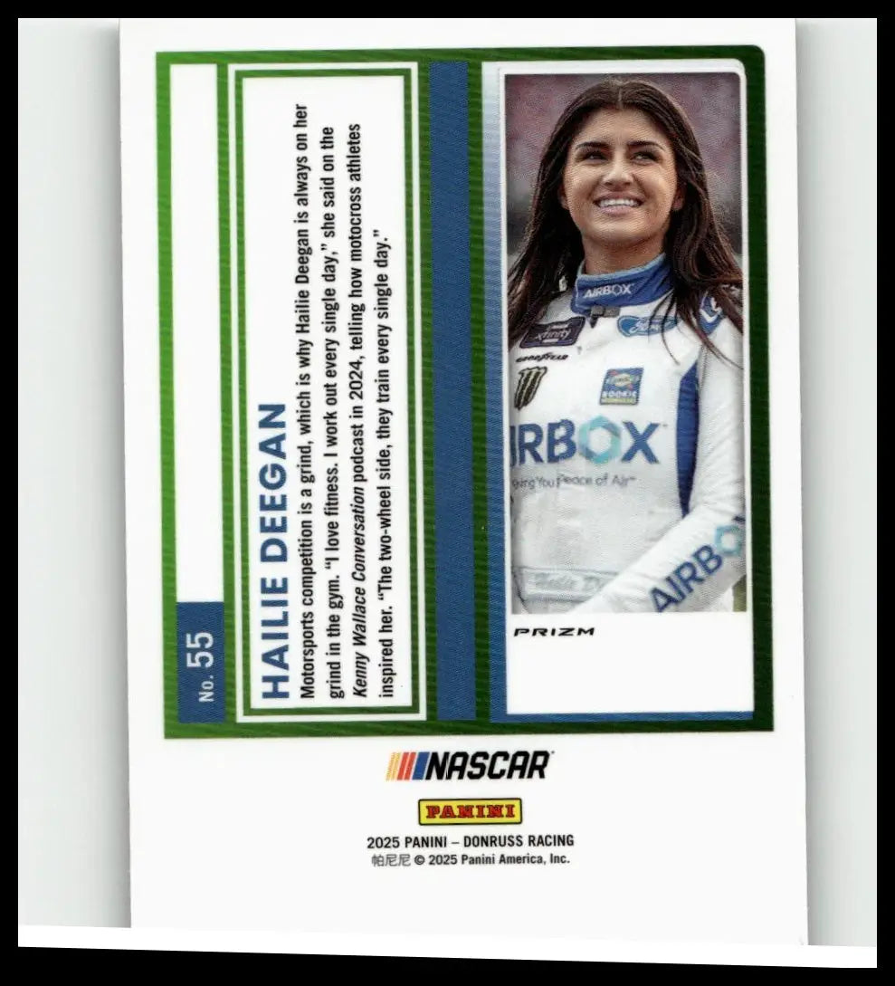 White and blue racing suit with airbox branding worn by hailie deegan in 2025 donruss 55 hailie deegan optic holo