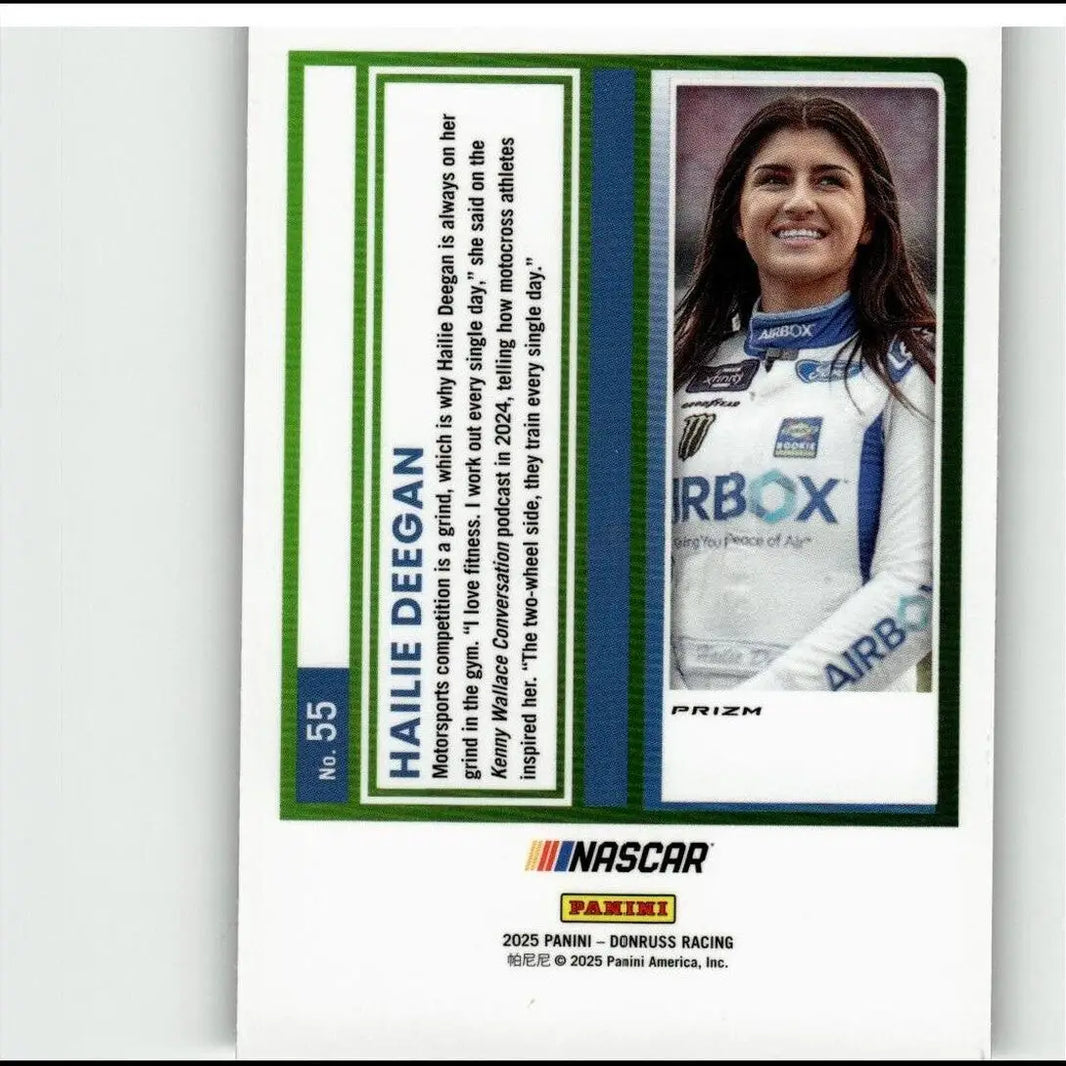 White and blue racing suit with airbox branding worn by hailie deegan in 2025 donruss 55 hailie deegan optic card