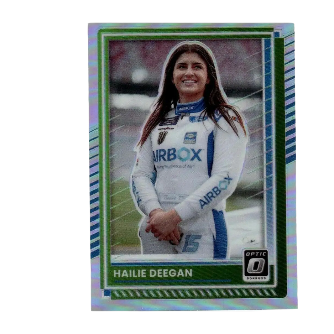 Green and blue holographic border 2025 donruss #55 hailie deegan optic trading card featuring deegan in a white racing suit