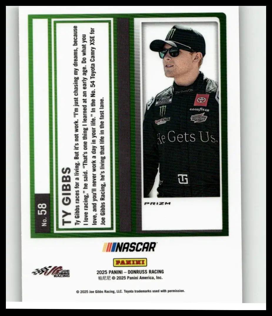 Black racing suit with white and red sponsor logos worn by ty gibbs on nascar trading card 2025 donruss #58 gibbs optic
