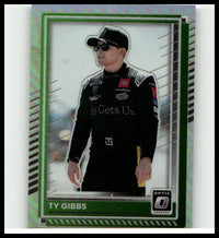Green and silver 2025 Donruss #58 Ty Gibbs optic trading card featuring Ty Gibbs in black racing suit for toys and games