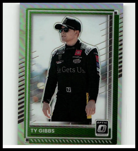 Green and silver 2025 Donruss #58 Ty Gibbs optic trading card featuring Ty Gibbs in black racing suit for toys and games