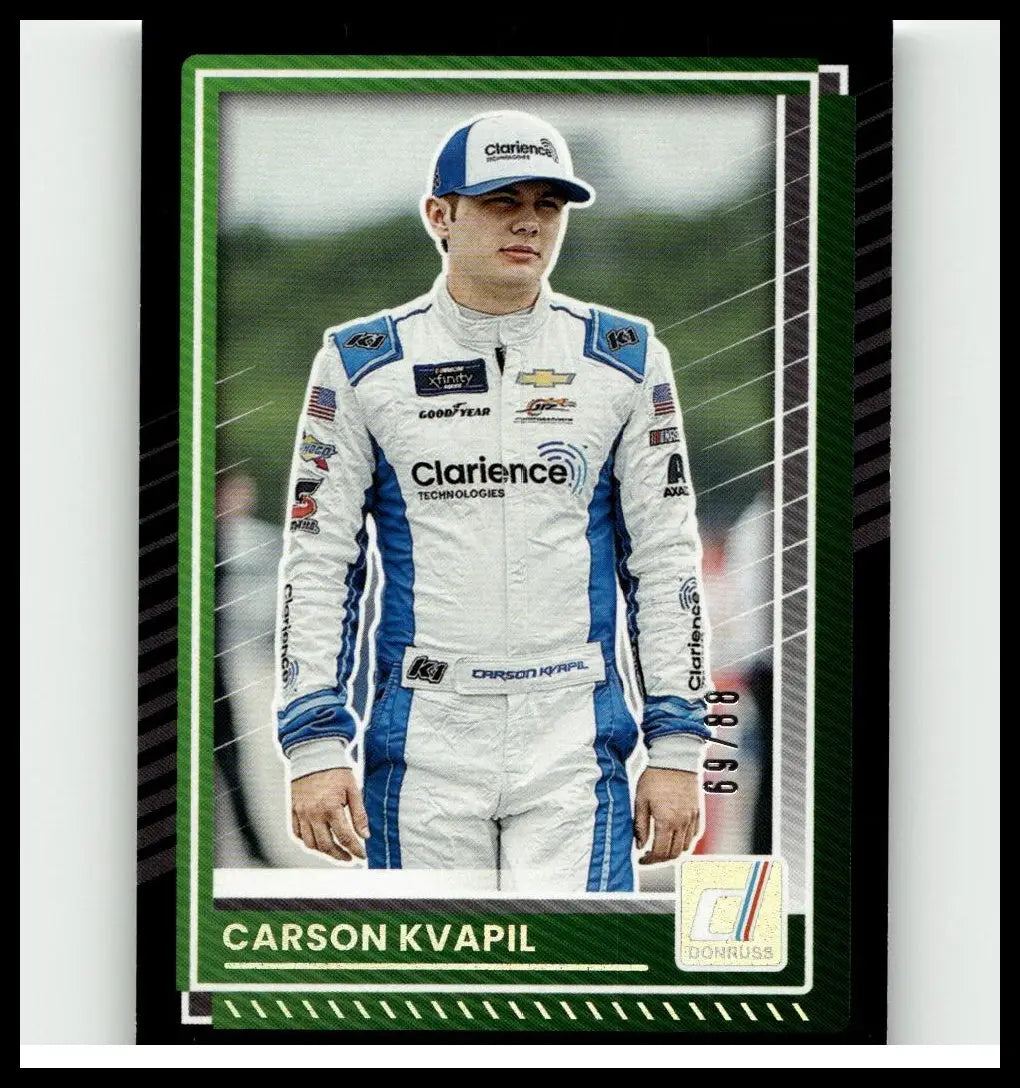 White and blue racing suit with sponsor logos worn by carson kvapil featuring carson kvapil numbers #59 and #88