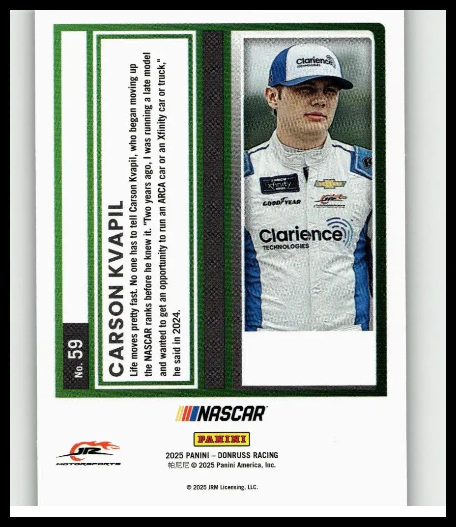 A white and blue racing suit with black accents featuring carson kvapil numbers and chevrolet and clarence technologies logos
