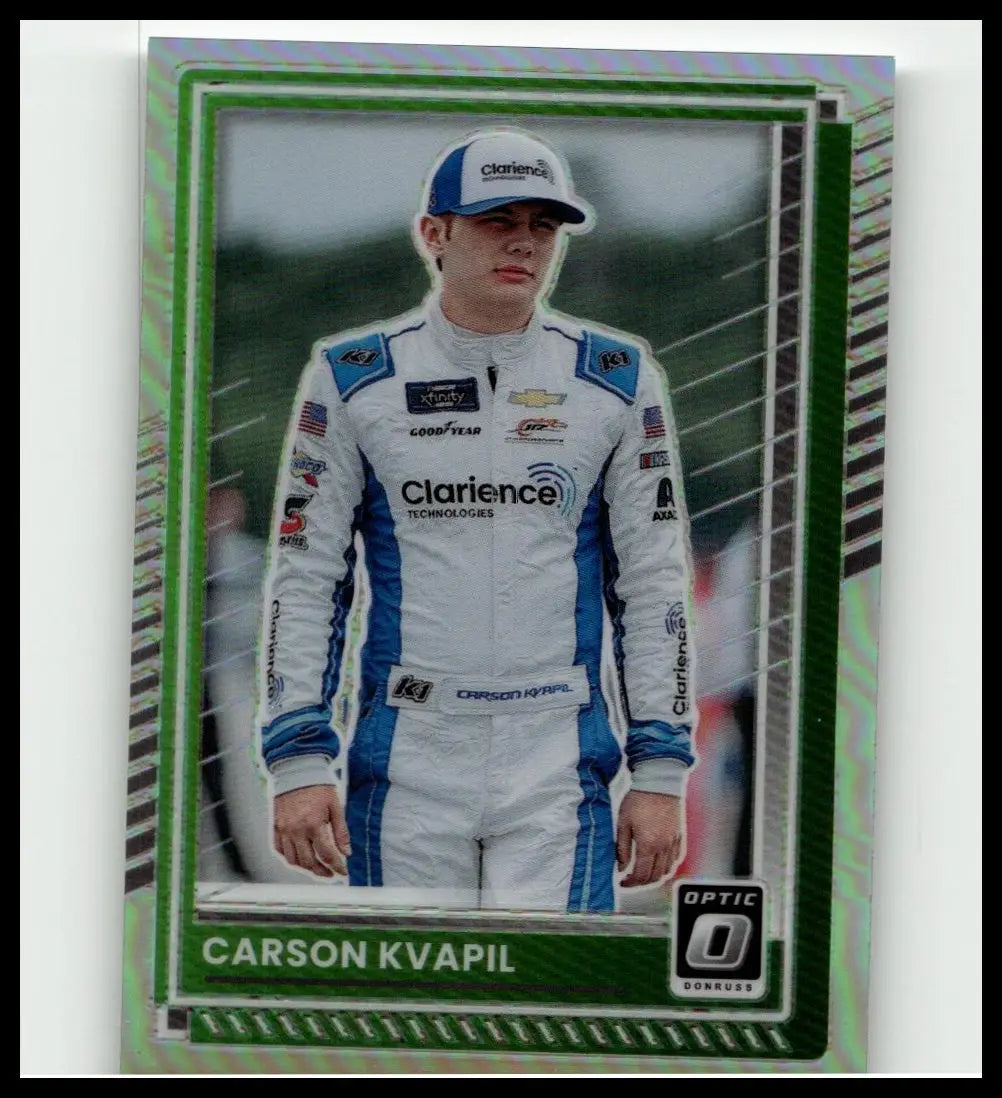 A 2025 donruss #59 carson kvapil optic trading card with a green and silver holographic border featuring kvapil in a white and blue suit