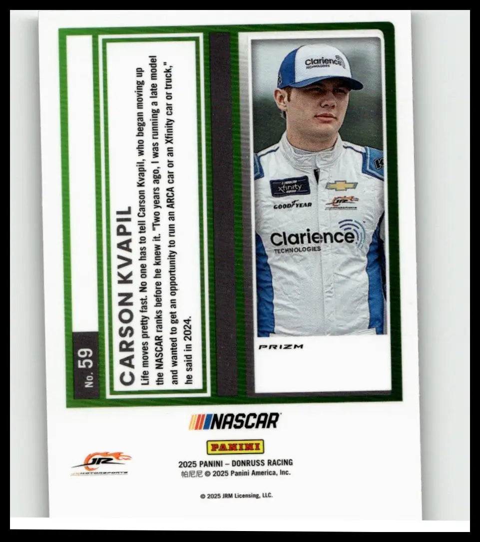2025 donruss #59 carson kvapil optic trading card showing kvapil in white and blue racing suit and matching cap