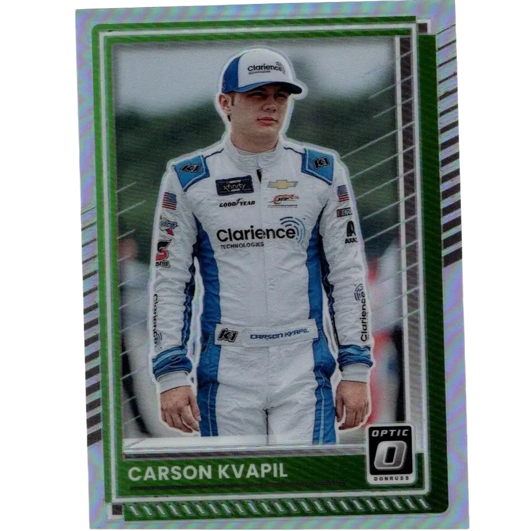 Green and silver holographic border sports trading card featuring nascar driver carson kvapil in white and blue suit