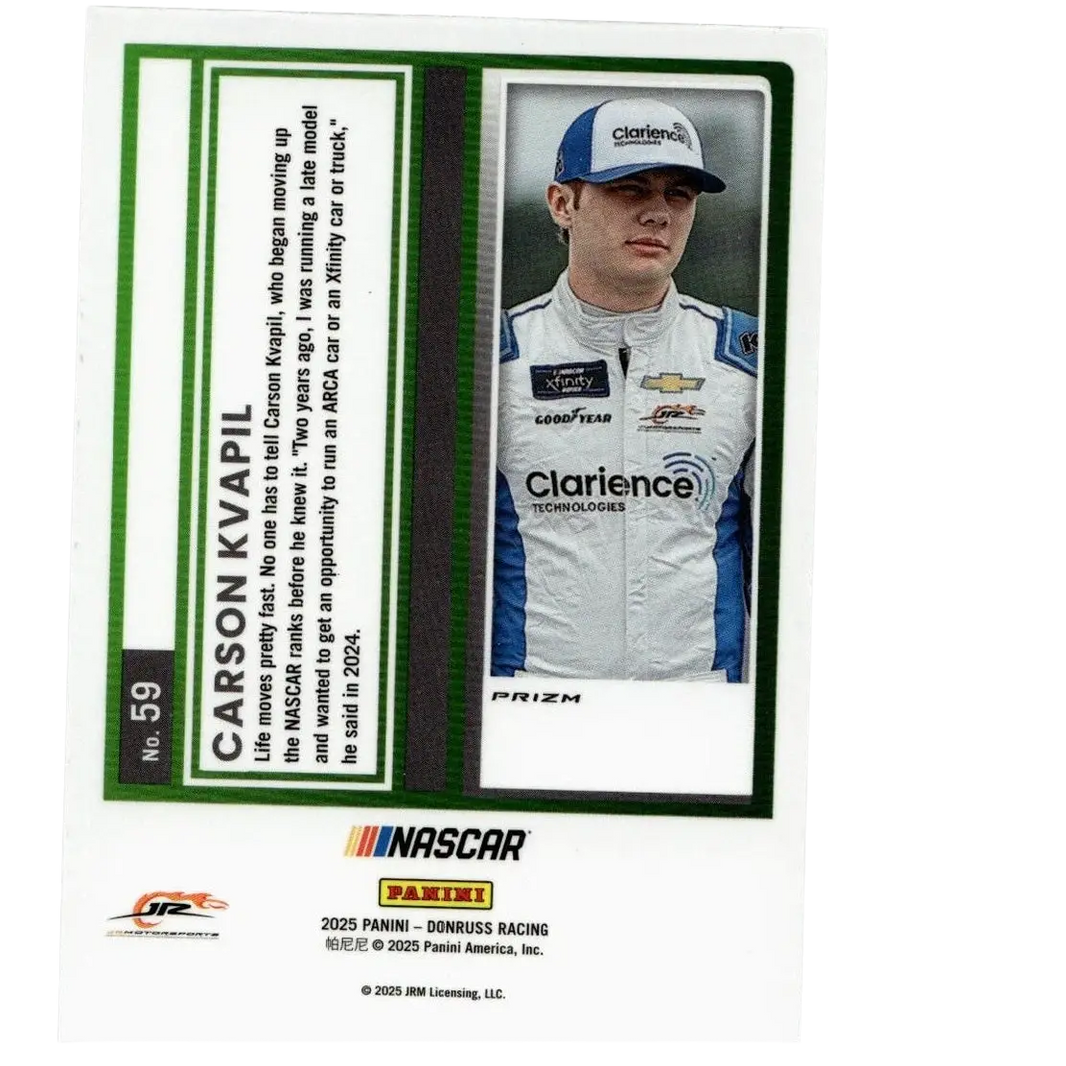 2025 donruss #59 carson kvapil nascar trading card featuring white and blue racing suit for toys and games collection