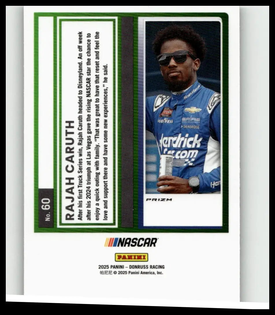 Blue and white nascar trading card 2025 donruss #60 rajah caruth optic holo featuring rajah caruth in racing suit