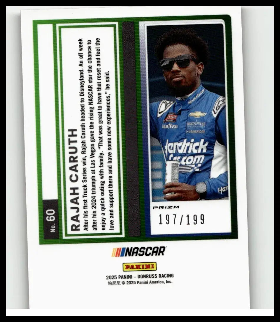 Blue and white nascar racing jersey featuring sponsor logos worn by rajah caruth in 2025 donruss optic red velocity