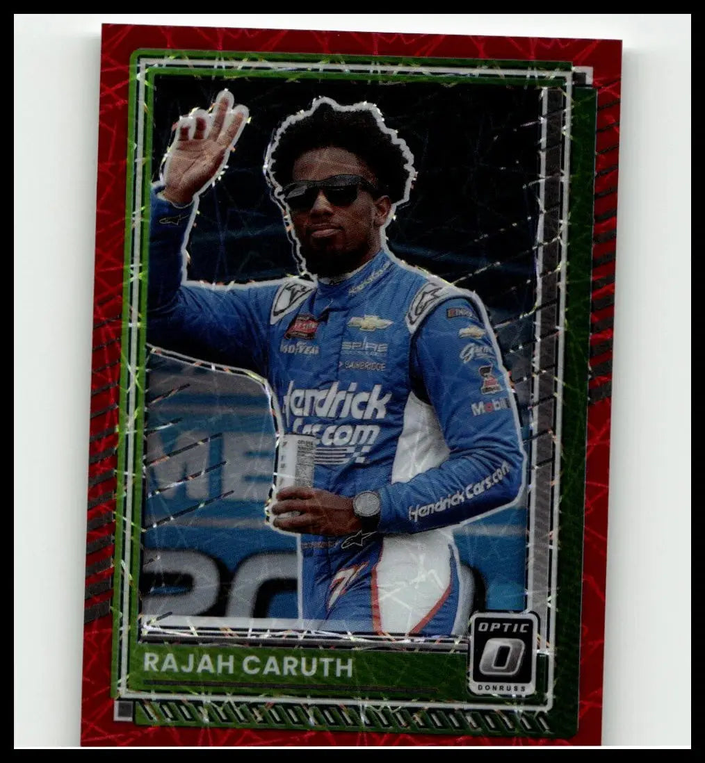 Blue and white racing suit with sponsor logos worn by nascar driver rajah caruth in 2025 donruss caruth optic red