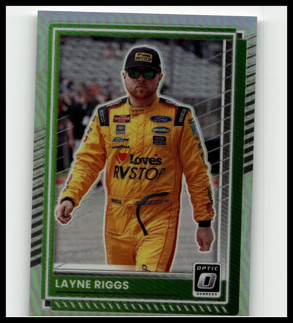 Yellow racing suit with black accents and sponsor logos worn by layne riggs in 2025 donruss layne riggs optic holo
