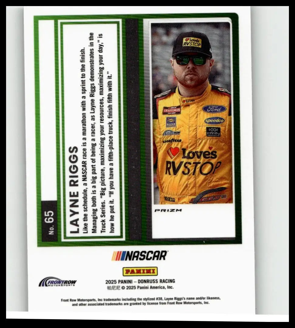 Yellow racing suit with black and white sponsor logos worn by layne riggs in 2025 donruss riggs optic holo product