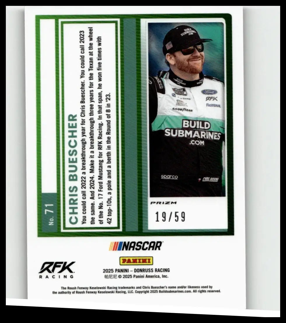 A 2025 donruss #71 chris buescher optic purple velocity trading card showing buescher in a black and green racing suit