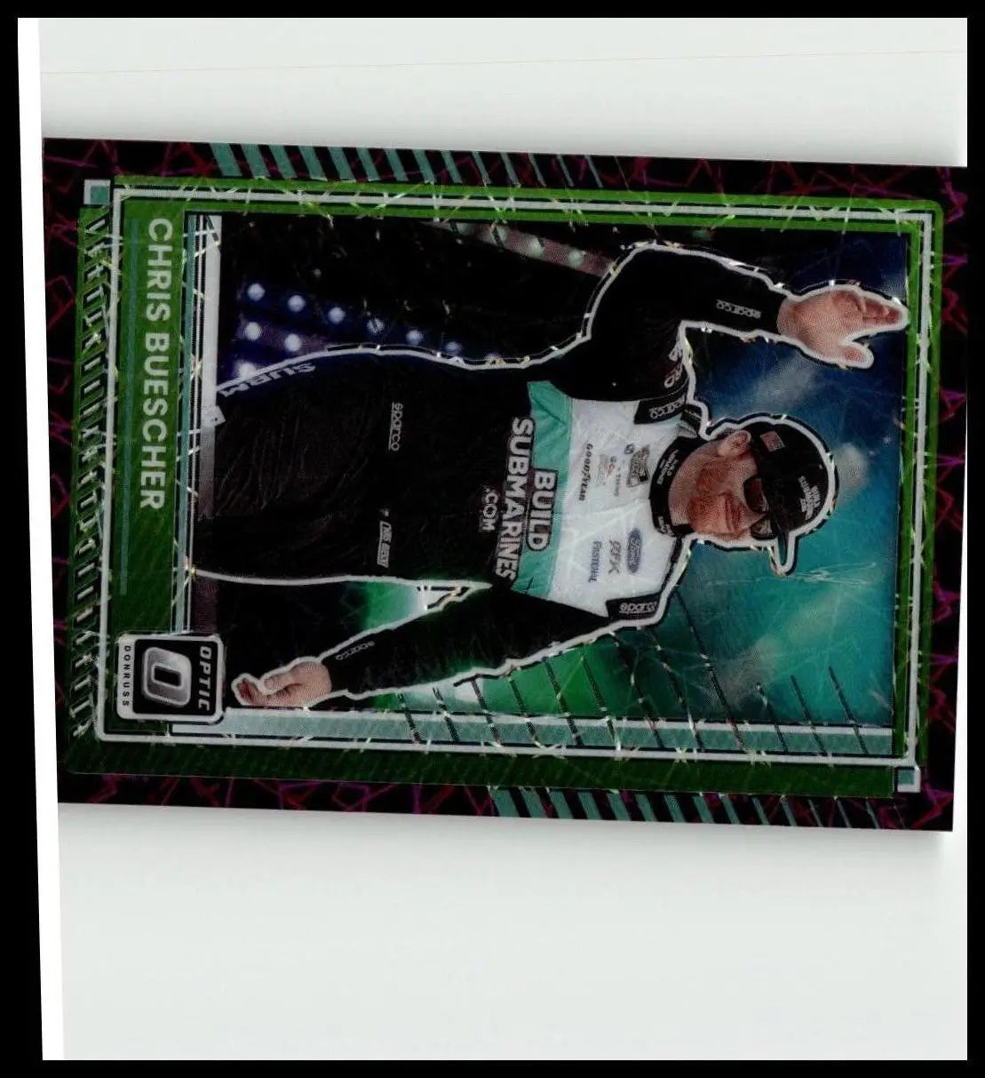 Green and black framed 2025 donruss #71 chris buescher optic purple velocity trading card with holographic design