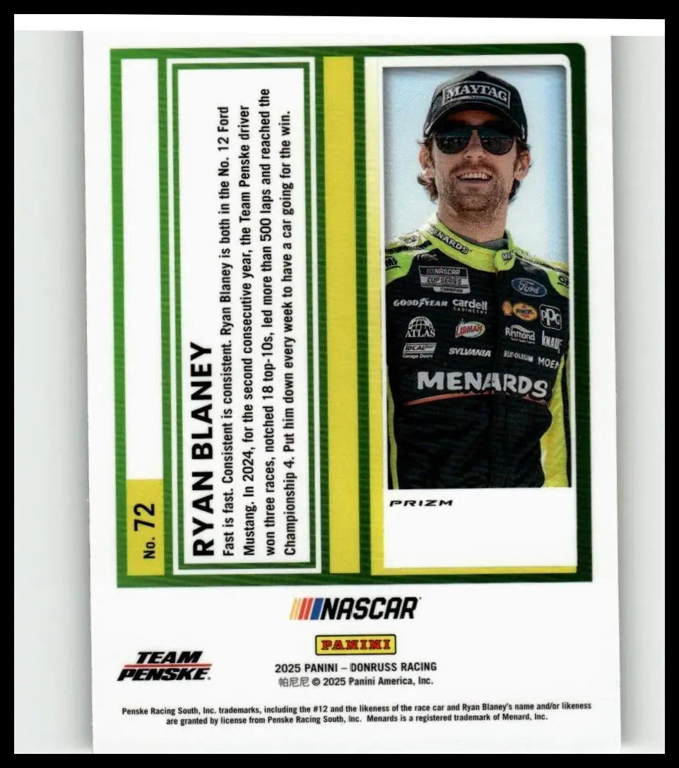 Green and black nascar trading card 2025 donruss featuring ryan blaney in racing suit blaney optic holo