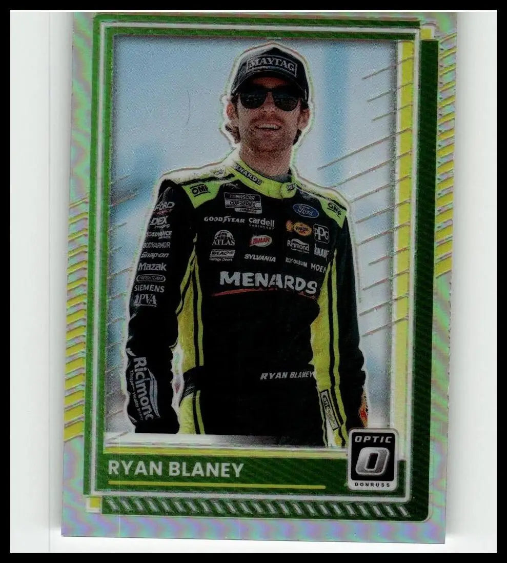 Green and yellow holographic bordered 2025 donruss #72 ryan blaney optic holo trading card featuring blaney in neon suit