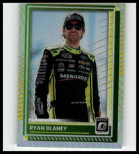 Green and yellow holographic bordered 2025 donruss #72 ryan blaney optic holo trading card featuring blaney in neon suit